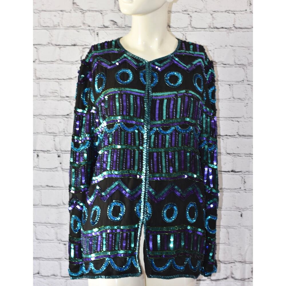 Laurence Kazar NY Designer Hollywood BEADED SEQUINED Jacket Blazer Cardigan M
